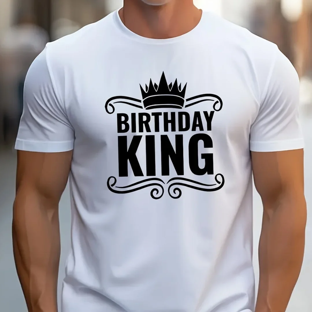Fashion Men Birthday King Crown Graphic Tee Funny Party Celebration Print Casual Short Sleeve Tops Streetwear Fashion T-Shirt