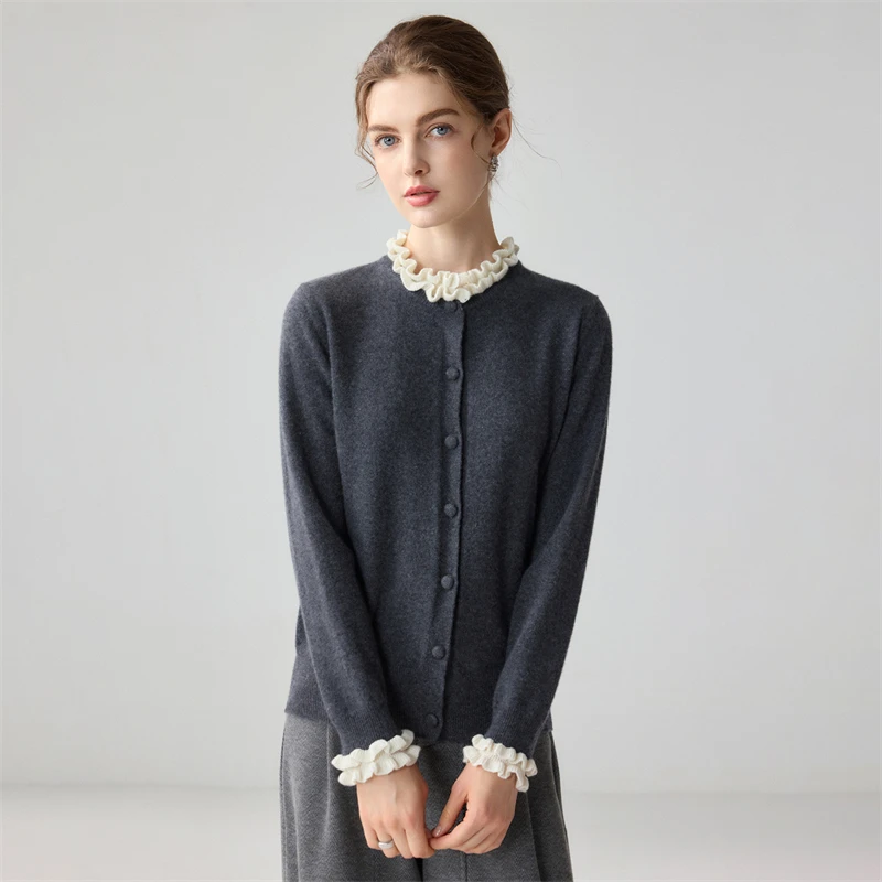 Black fungus lace 100% pure cashmere knitted women's cardigan round neck long sleeved French elegant versatile small fragrant st
