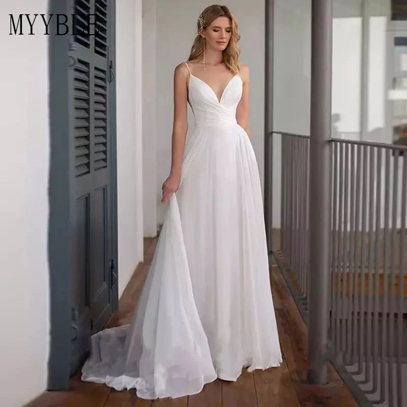 

Beach Chiffon Wedding Dresses 2022 Simple Spaghetti Strap V Neck Custom Made A Line Bohemian Bridal Gowns Vestido De Noiva