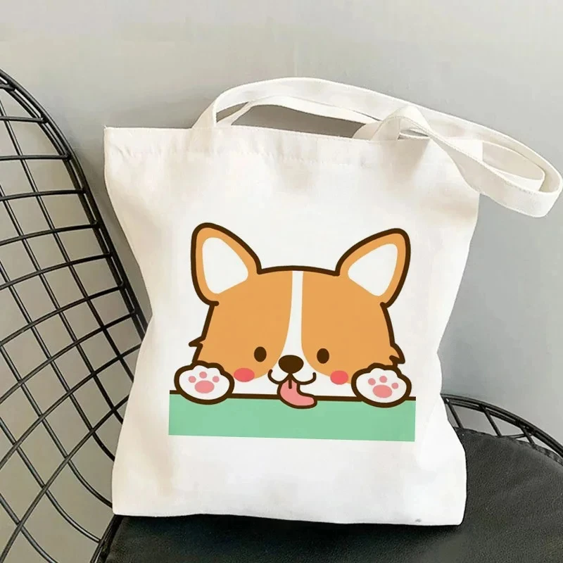 Cute Corgi Dog Printing Shoulder Bag Casual Eco-friendly Shopping Bag Ladies Large Capacity Shopping Bag Canvas Tote Bag