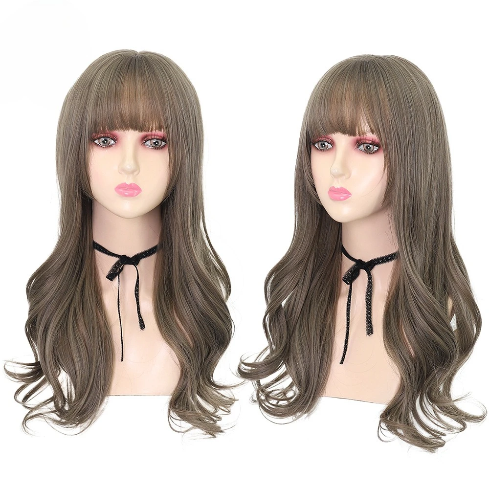 

Style wig long hair full head natural wave wig full head cover fashion green wood gray wig, curly hair