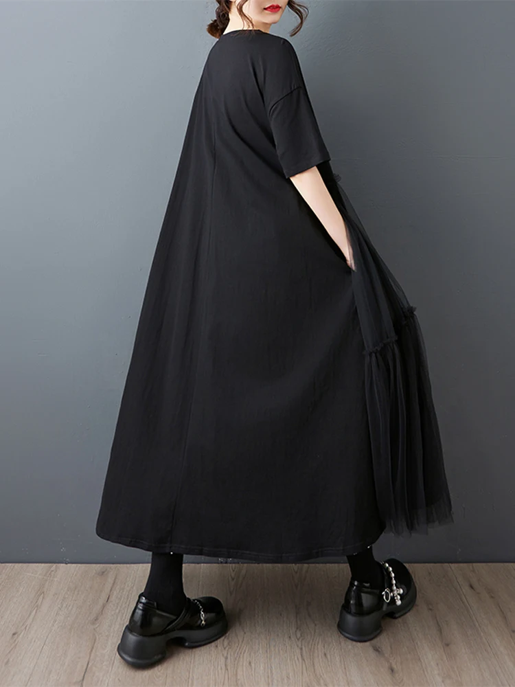 Nyfs 2025 verão solto plus size estilo coreano moda sólida vestido longo robe mangas curtas retalhos mesy vestido feminino