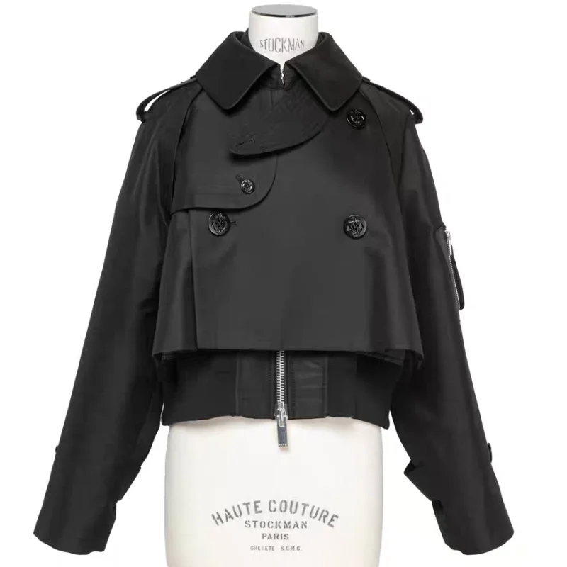 

FOG SACAI Spring Summer a Patchwork Collar Jaet Asymmetrical Long Sve Women's ort Outerwear Commute Sle Loose Fit