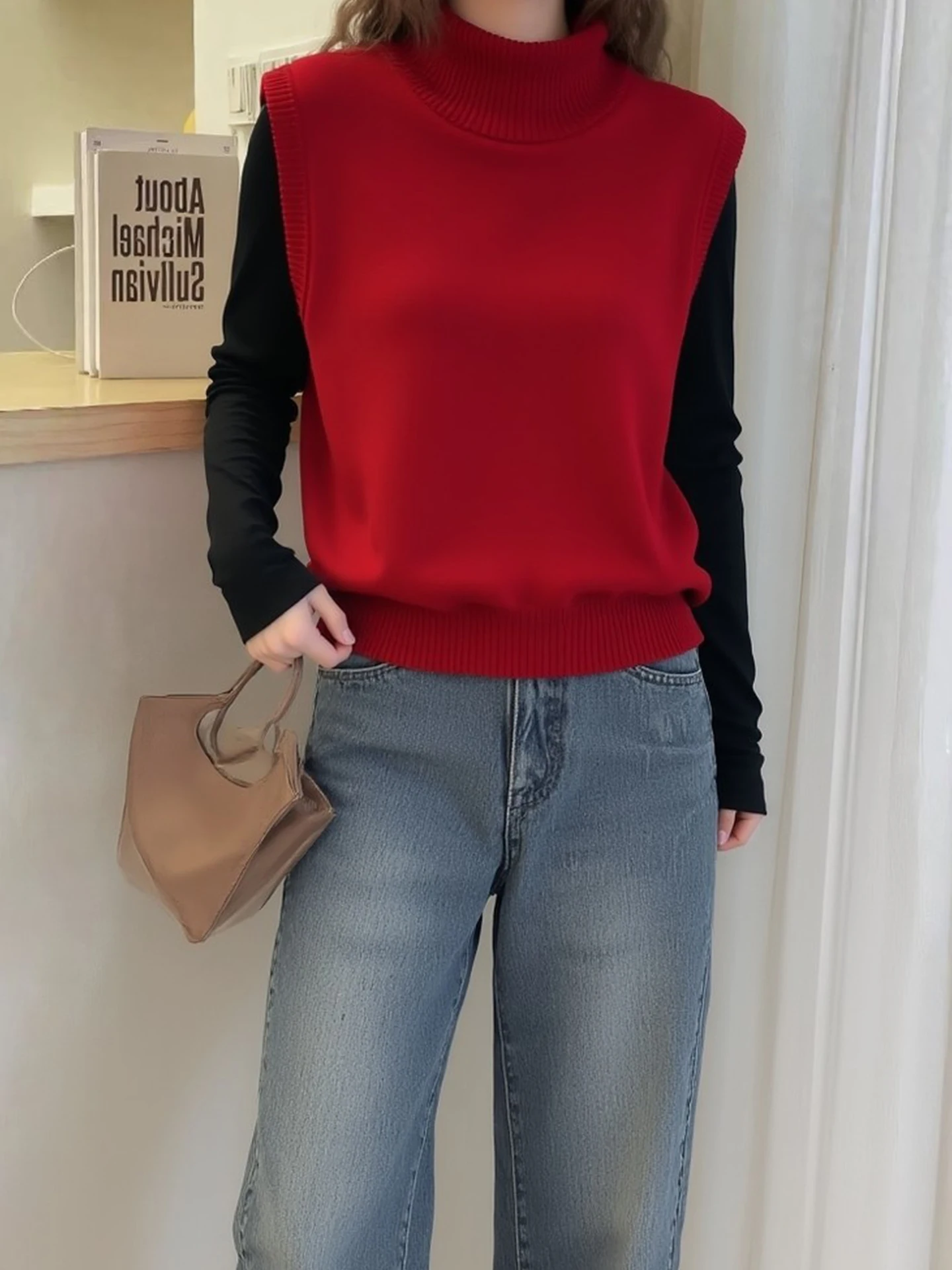 

Красный вязаный свитер, многослойный свободный свитер, удобный новогодний жилет, простой дизайн, зима 2025 г., женская модная верхняя одежда