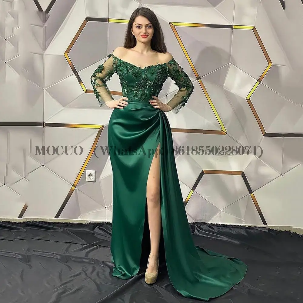 

Green Lace Formal Evening Dresses For Wedding Dubai Off Shoulder Celebrity Gowns Appliques Flowers Side Split Party Dress