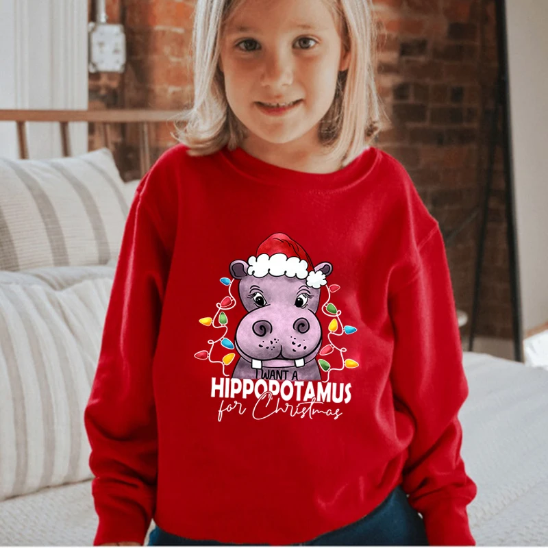 Hippopotamus Christmas Print Boys Girls Autumn Winter Hoodie Cartoon Hippo Long Sleeve Xmas Party Y2K Sudaderas Kids Sweatshirt