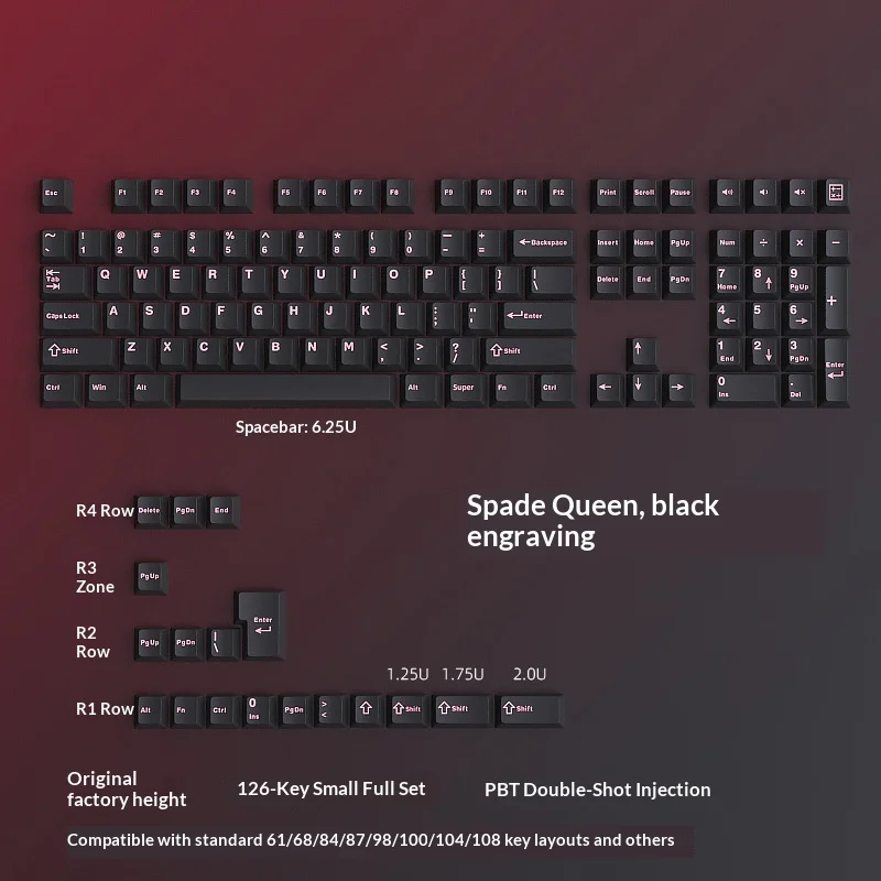 Black keycaps made of PBT material with regular engraving, complete set of 126 keys, original factory height dual color