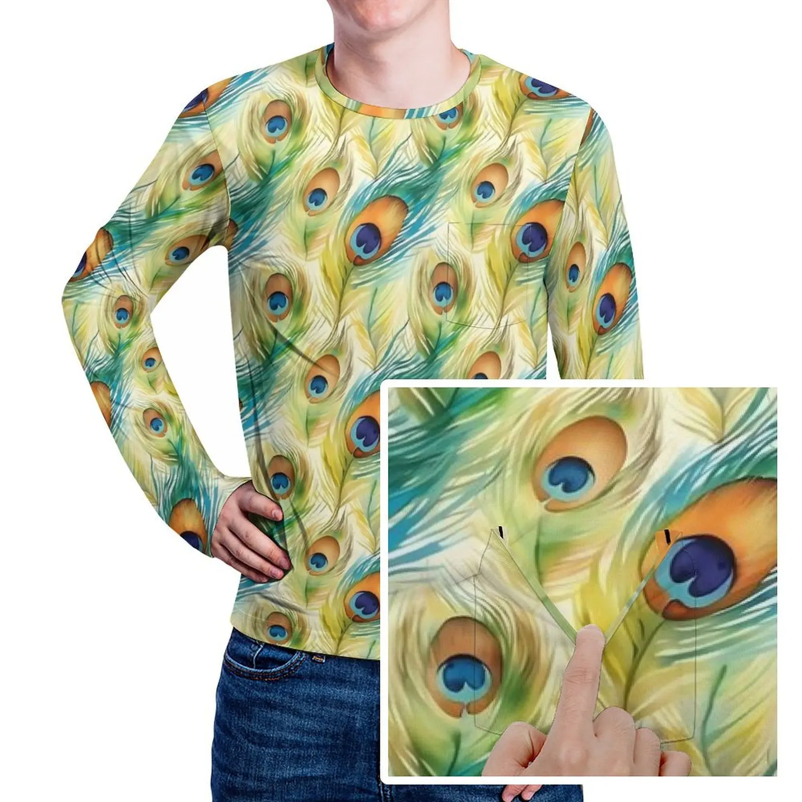 Watercolor Peacock Feathers T Shirt With Pocket  Hippie T-Shirts Male Y2K Tshirt Long Sleeve Design Top Tees 3XL 4XL 5XL