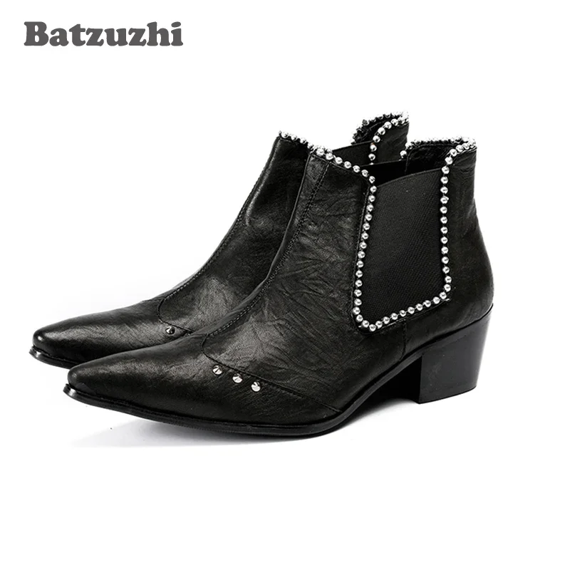 Batzuzhi Fashion Men Boots Ankle Black Leather Boots with Crystals Men's Party Dress Shoes Botas Hombre 6.5cm Heels, US12 EU46