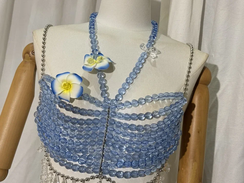 New Sexy Women Handmade Glitter Blue Color Stone Bead Body Chain Hollow Out Bikini Bra Top Holiday Beachwear Jewelry Vest
