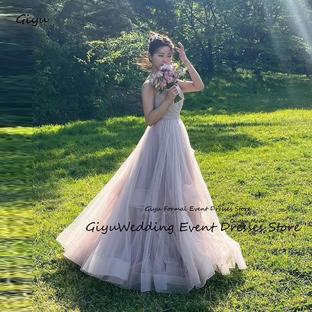 

Giyu Dusty Purple Tulle Evening Dresses Korea Wedding Photoshoot Strapless Ruffles Long Prom Dress Formal Occasion Dress Garden