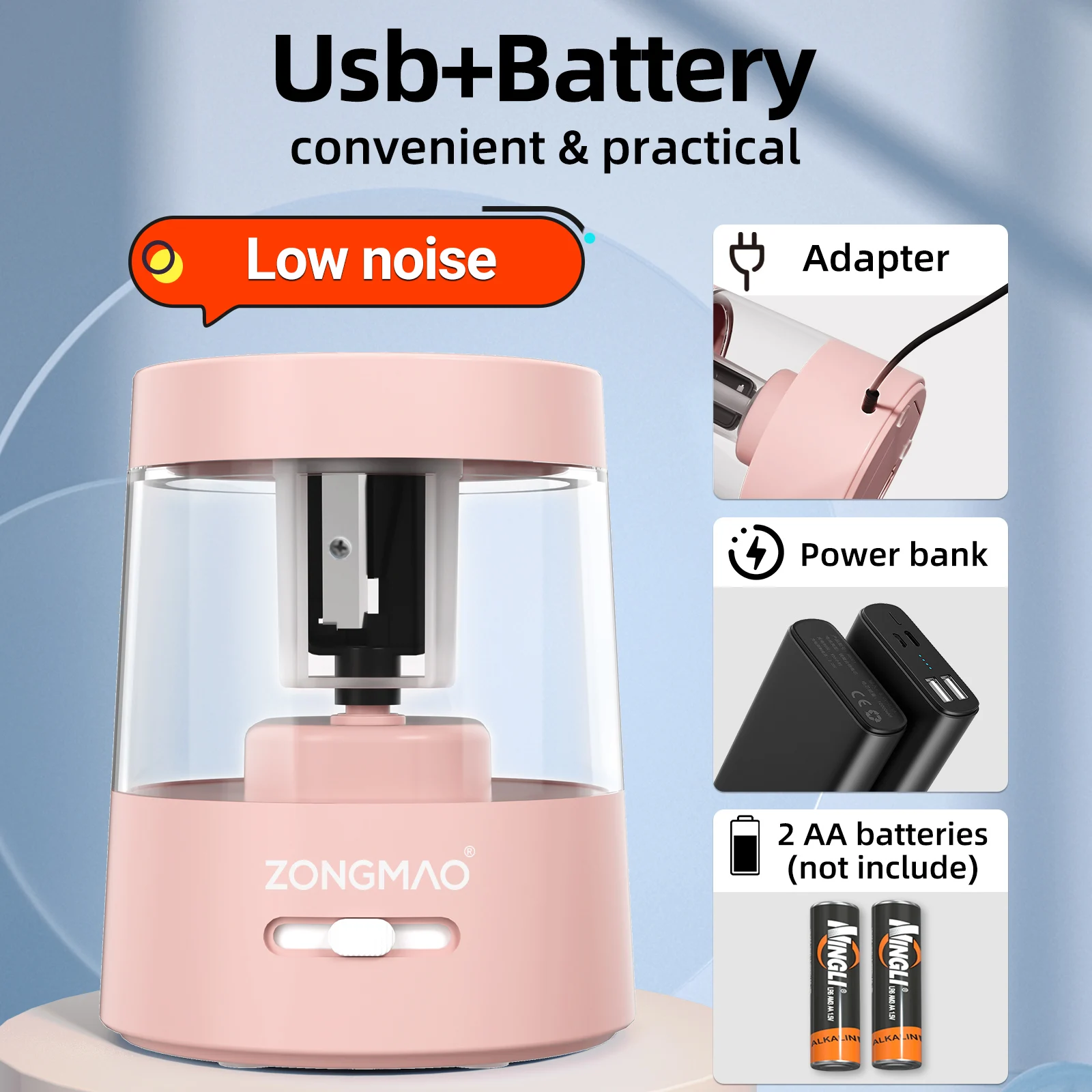 Sacapuntas de lápiz automático para niños, sacapuntas eléctrico rosa con batería alimentada por USB, venta al por mayor de fábrica