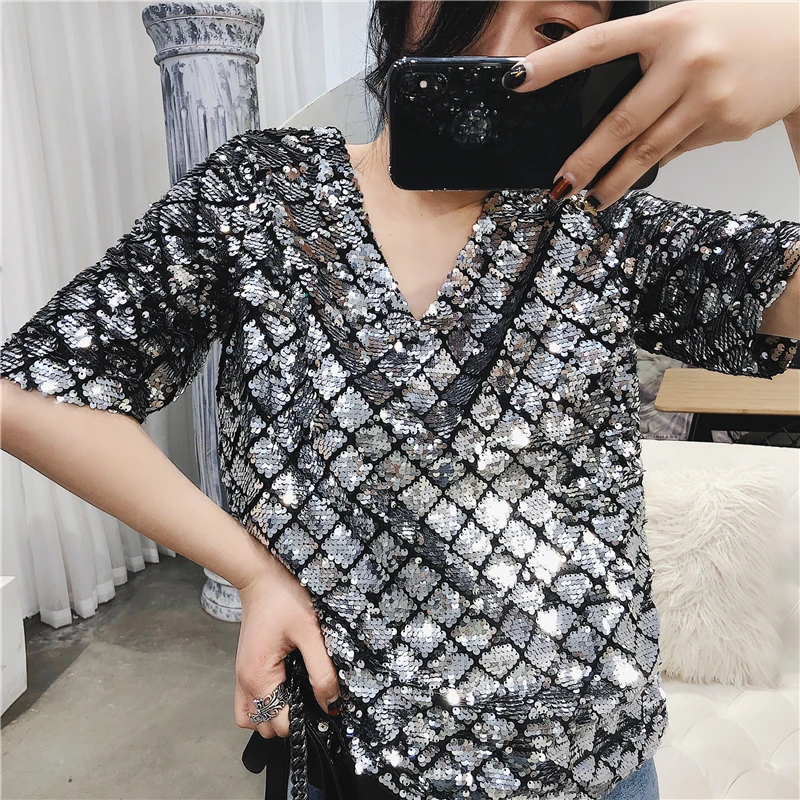 Silver Sequined T-shirt Women Summer Sparkling Heavy Industry Short Sleeve V Neck Loose Tees Top Casual Party Club Clothing