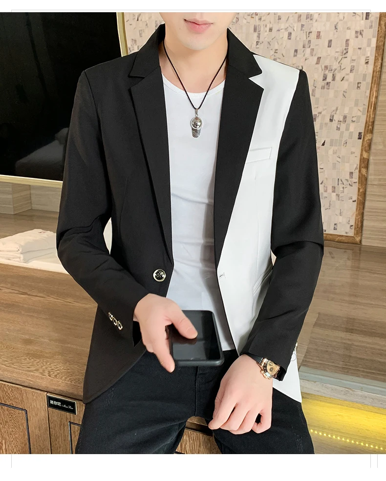 Herren Slim Fit Blazer Hochwertige Herbstmode Hübsche Match Farbe Business Casual Koreanischer Anzug Kostüm Cro Nang – Detail 7