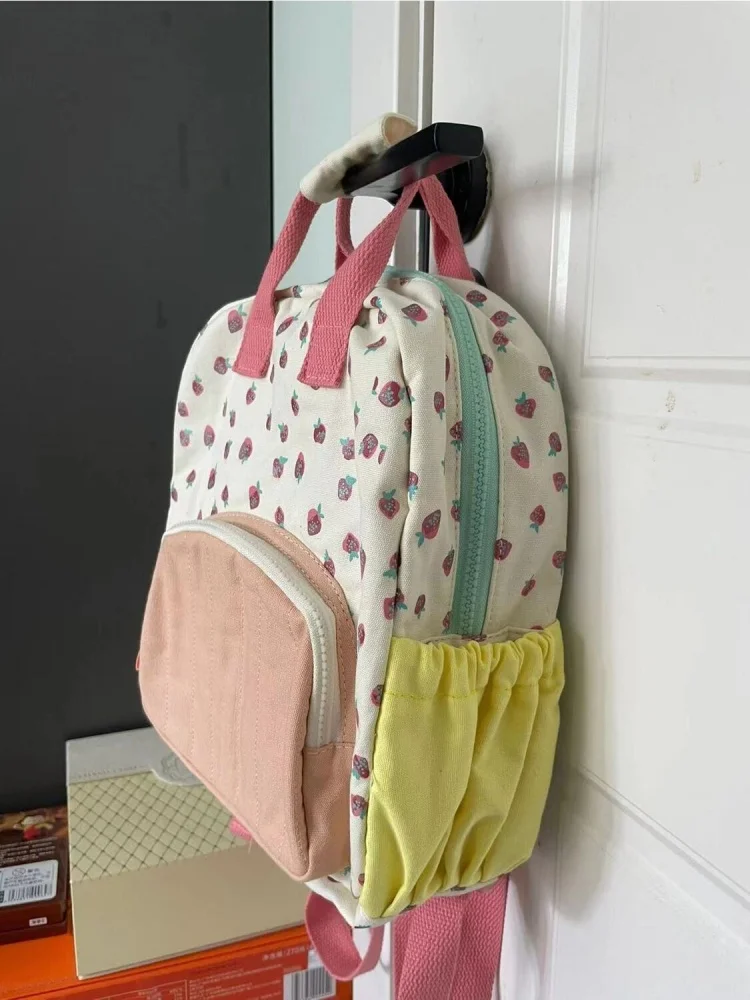 Mochila Kawaii Estampada de Morango para Mulheres, Mochila Escolar Casual, Mochilas Chiques, Cor Contraste, Moda, Estética, Y2k