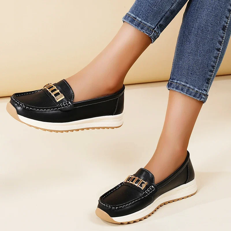 Mocasines verdes para mujer, zapatos sin cordones con plataforma, zapatos informales de cuero cómodos antideslizantes para mujer, zapatos náuticos de talla grande 36-44