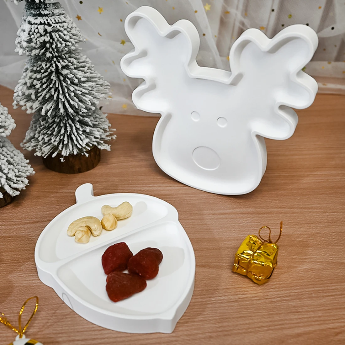 Christmas Elk Tray Silicone Mold Cute Deer Head Nut Storage Tray Cement Mold Home Decoration DIY Terrazzo Plate Clay Mold 