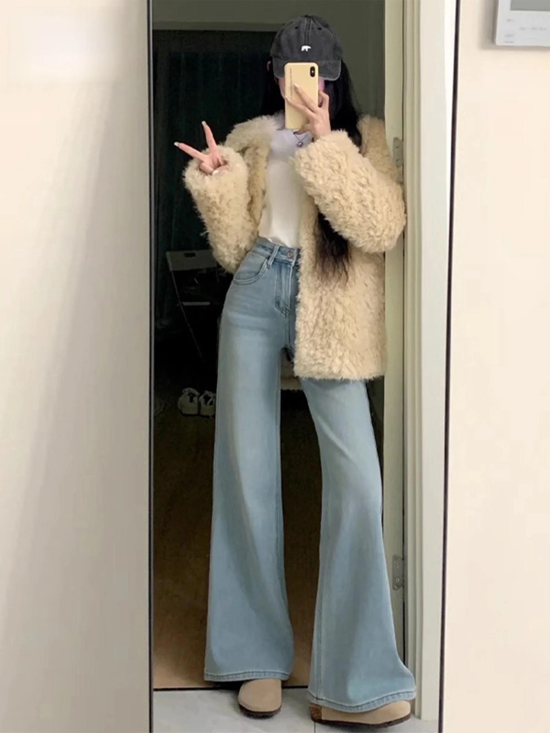 Light Blue High Waist Flared Jeans Women's Loose Fitting Draping Floor-Length Pants Standard Fit Wear Resistant Autumn New Ar...