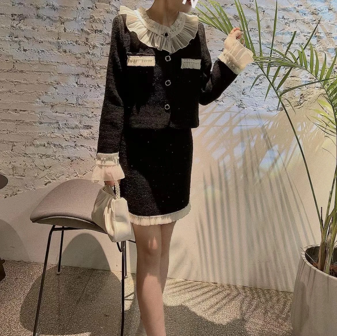 

UNXX Hepburn Style Korean Quality Black Suit Set for Women, 2023 Autumn/winter New Elegant Jacket High-waist Skirt Two-piece Set