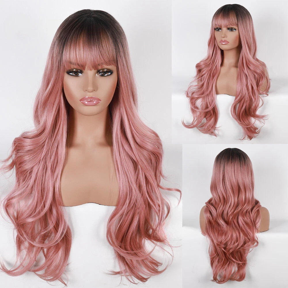 

Long Body Wavy Ombre Brown Pink Wigs with Bangs for Women Synthetic Fanshion