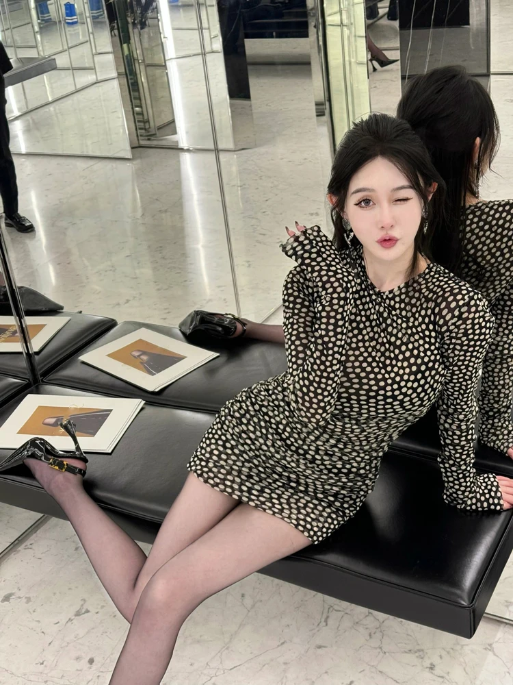 Polka Dot Wrap Dress Women's Summer 2026 Slim Fit High Waist Polyester Fiber Long Sleeve City Commute Date Party Casual Dress