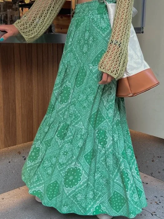 

Chic Summer New Vintage Ethnic Geometric Print High Waist Versatile A-Line Maxi Skirt for Women Flared f-length Skirts