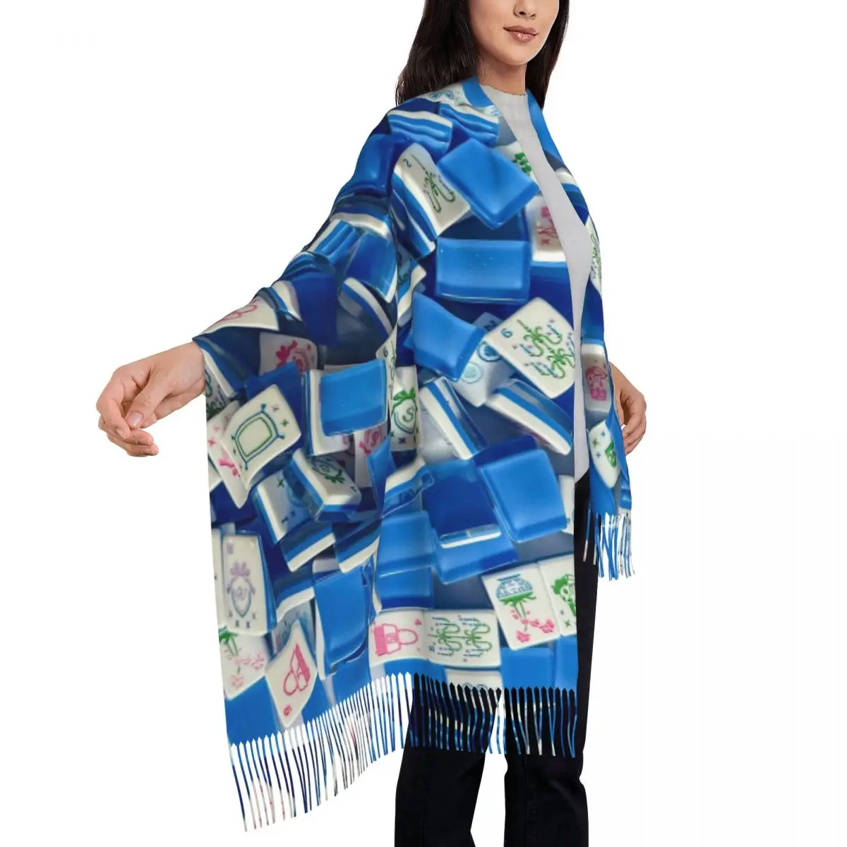 Selendang Motif Mahjong dengan Rumbai untuk Wanita, Selendang Lembut dan Hangat, Selendang Panjang untuk Musim Gugur dan Musim Dingin
