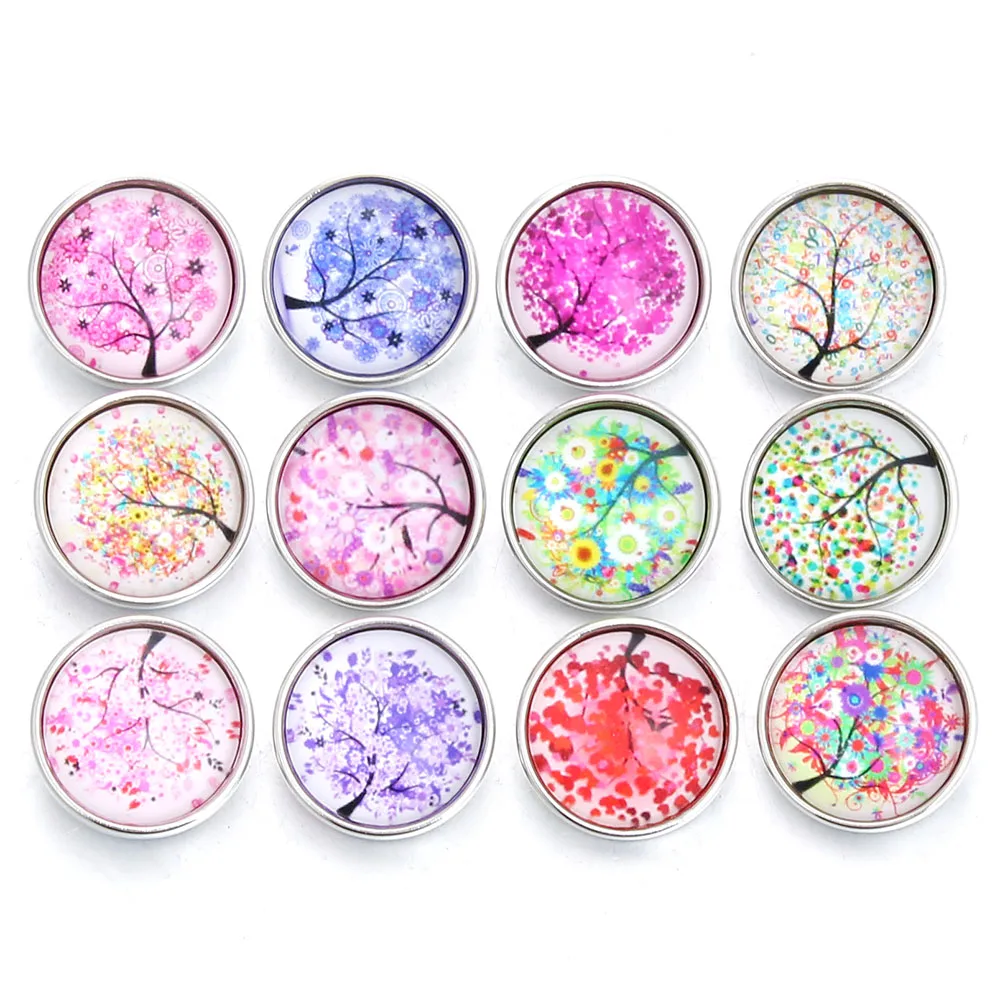 10pcs Mixed Colors 18MM Glass Cabochon Life Tree Snap Buttons Fit DIY Snap Bracelet Jewelry OEM ODM Print Buttons ZB305