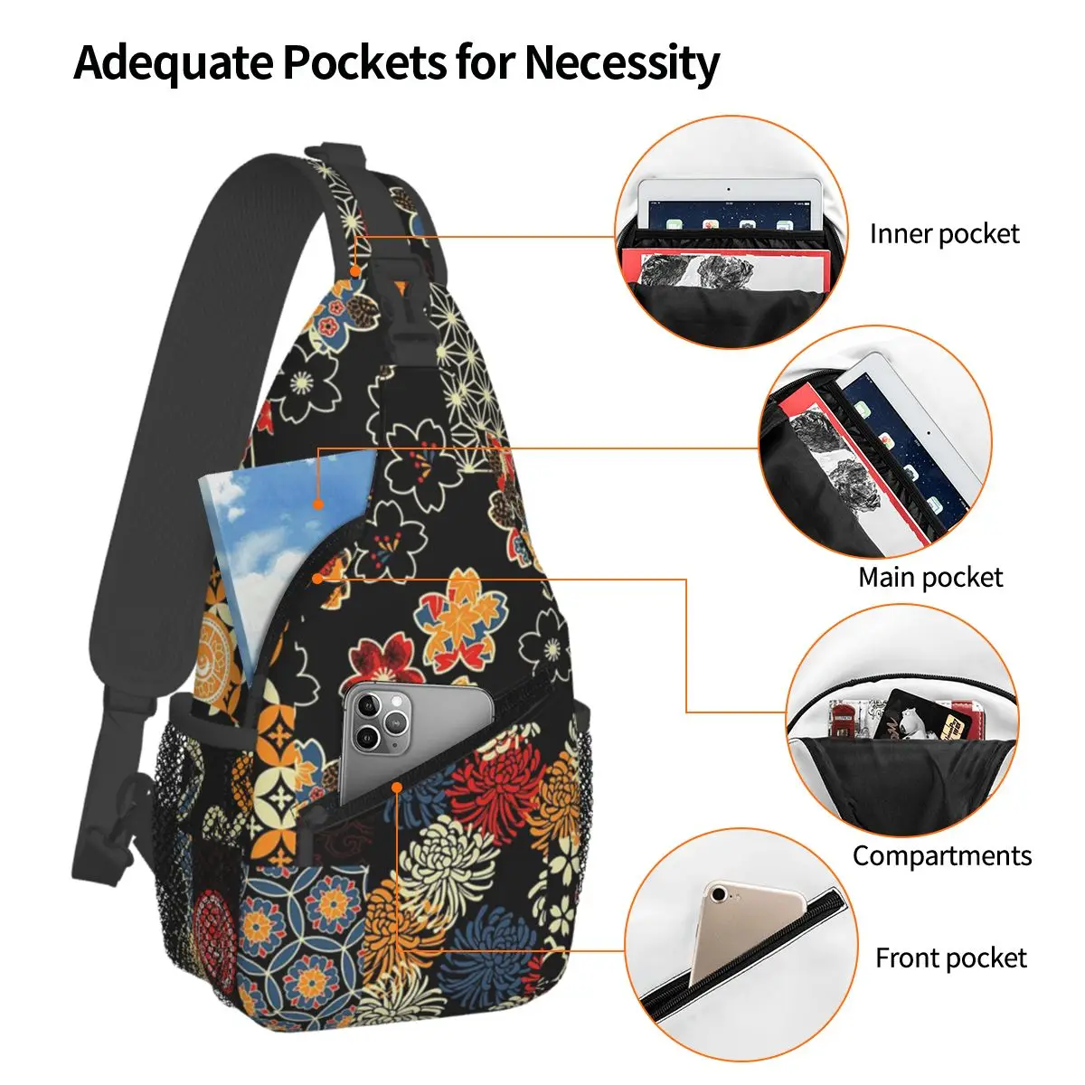 Traditional Japanese Fabric Patchwork Chest Bag Men Sling Crossbody Backpack Chest Bag Travel Hiking Daypack Shoulder Bag