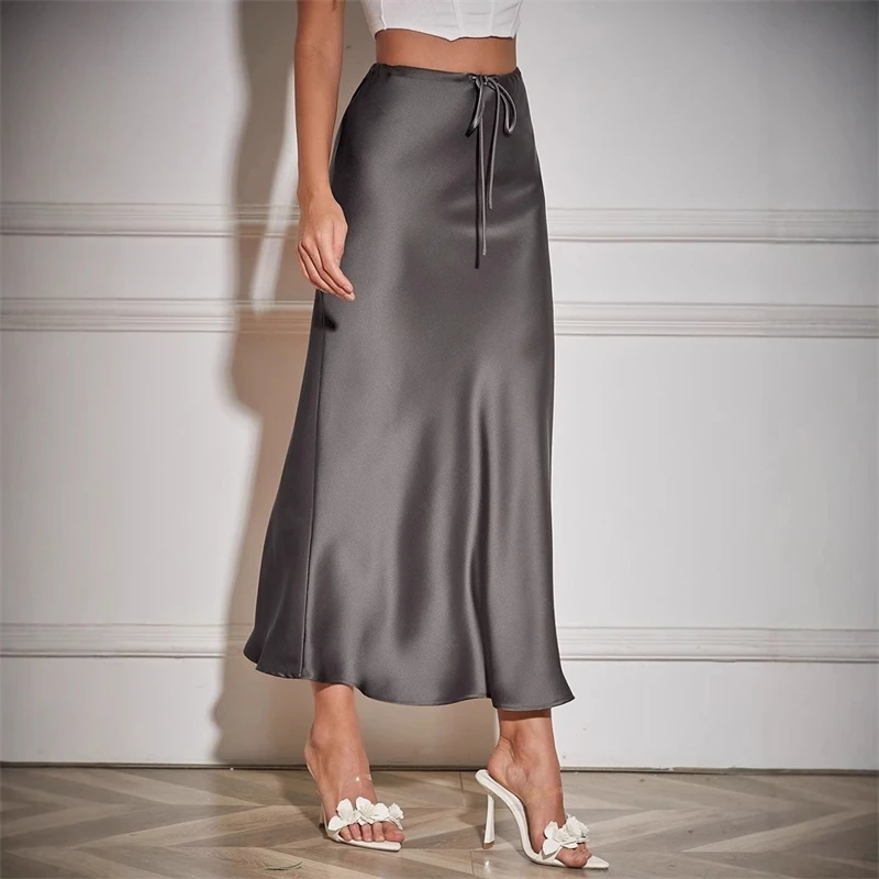 

Fashionable Elegant Women Solid Color Tie Waist Midi Skirt Versatile Casual Mid Length Skirt Trendy 2024 Summer Outfit