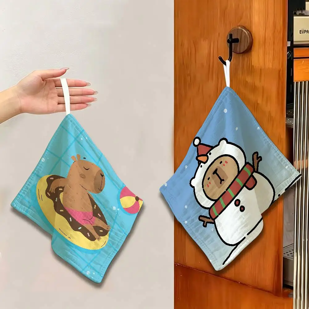 Cute Capybara Polyester Cotton Hanging Hand Towel, Super Absorbent Hand Wiping Towel for Daily Household Use