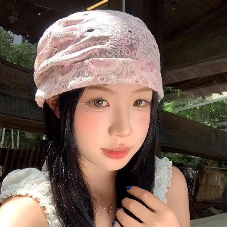 Pink Lace Floral Openwork Tie-Back Headband Hat Women: Lightweight Summer Headscarf, Puffy Hat, Sweet Versatile Pull-Over Hat