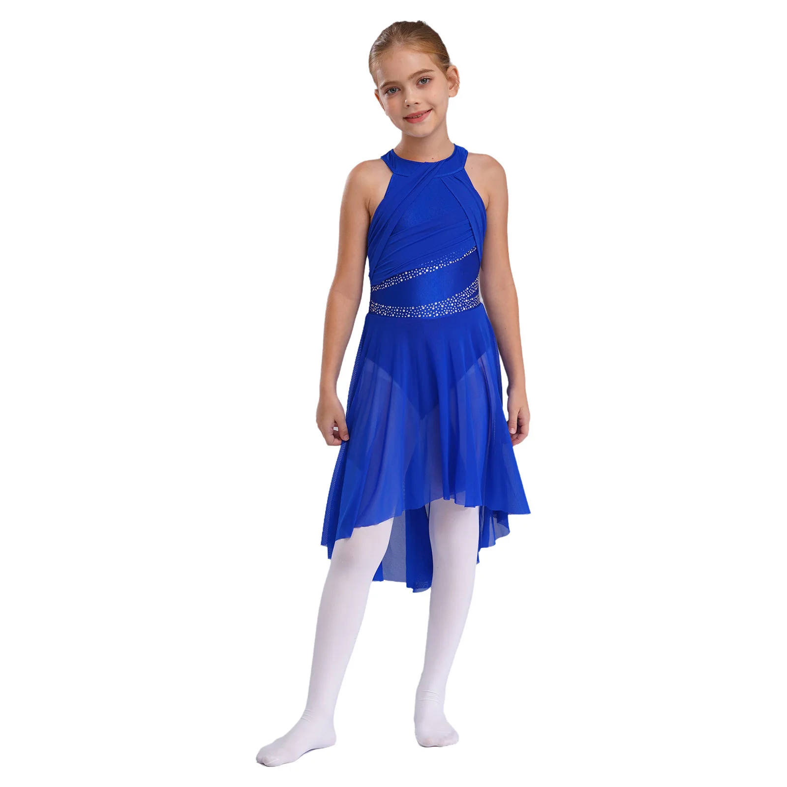 Costume da pattinaggio su ghiaccio moderno lirico per bambini Costume da balletto con strass Body da ginnastica per ragazze Abito da pattinaggio di figura