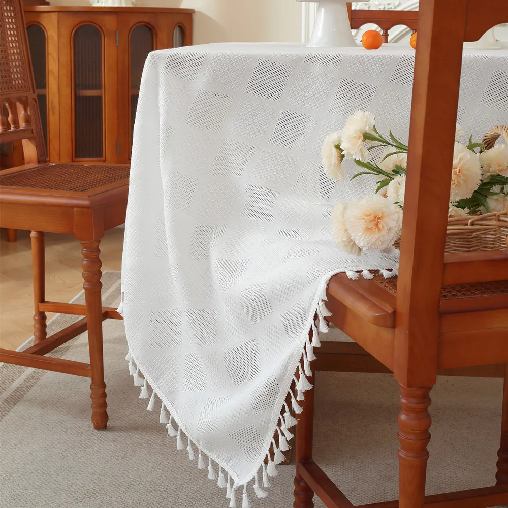 Simple Pure Color Fringed Hollow Out Palid Tablecloth Fabric Polyester Coffee Tablecloths Decoration White Table cover