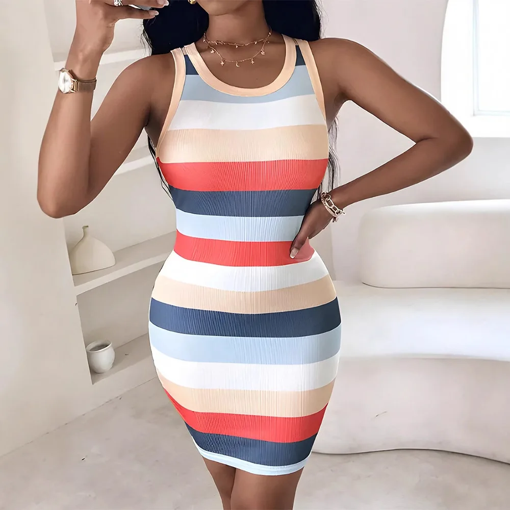 Sexy Tight Summer Sleeveless Dress With Fashionable Colorful Striped Print Knitted Slim Fit Sleeveless Design Dress Temperament