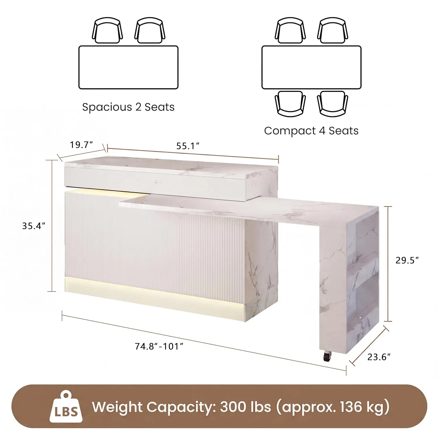 Extendable Kitchen Island with Power Outlet 74.8