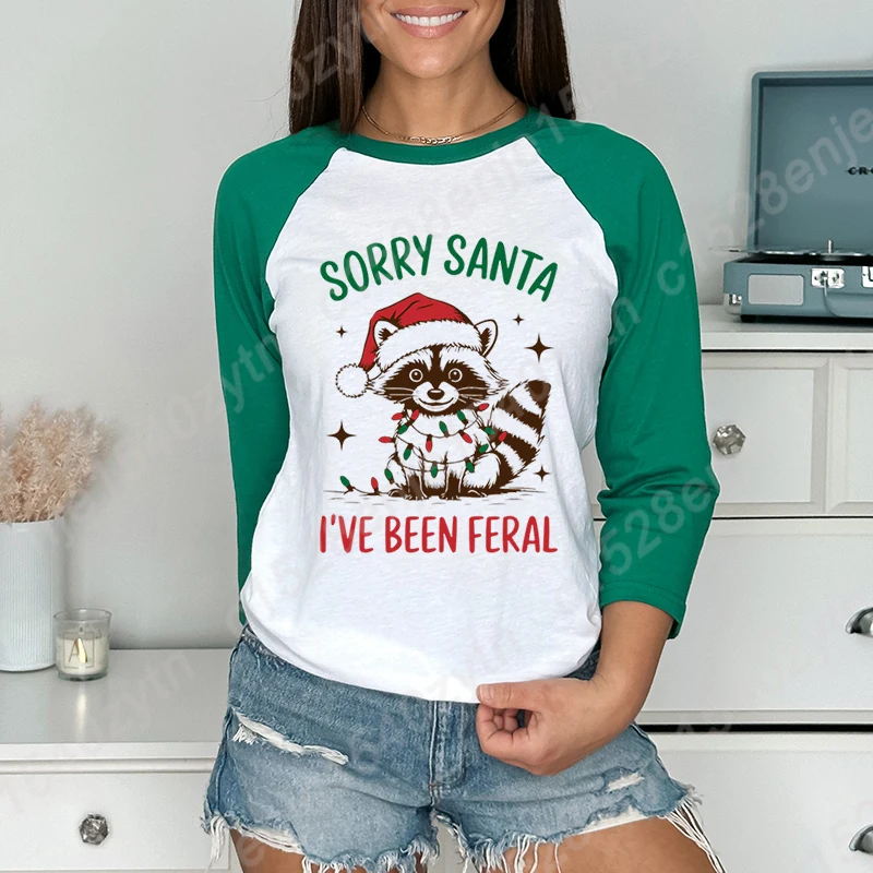 Christmas Racoon Sorry Santa I've Been Feral Graphic Three Quarter Sleeve Shirt Women Summer Seven Sleeves Shirt Round Neck Tops