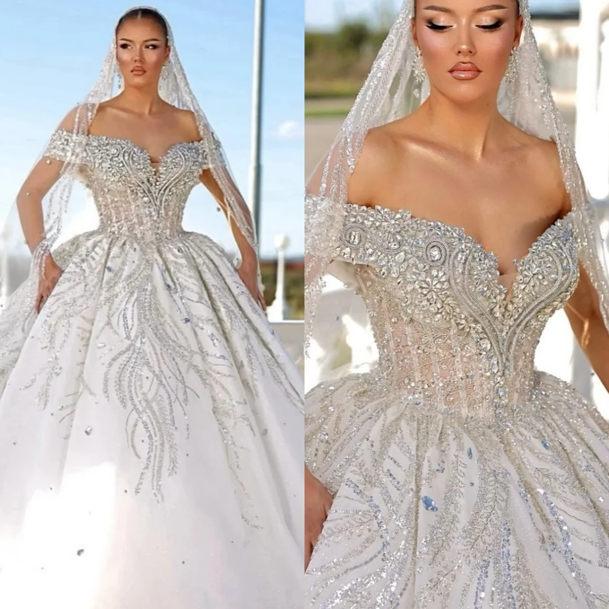 

Luxury Wedding Dresses Crystal Off Shoulder Bridal Gowns Beading Customized Sequins Rhinestone Princess Vestidos De Novia