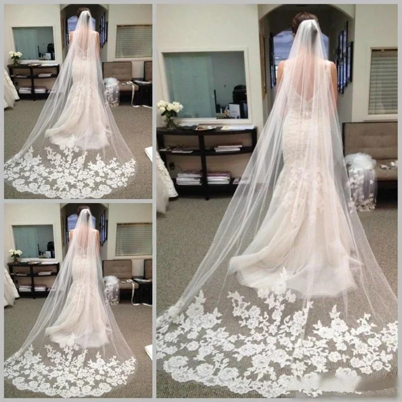 

Luxury Long Veils Cheap Bridal Hair Accessories Chapel Length Lace Applique Edge Tulle Wedding