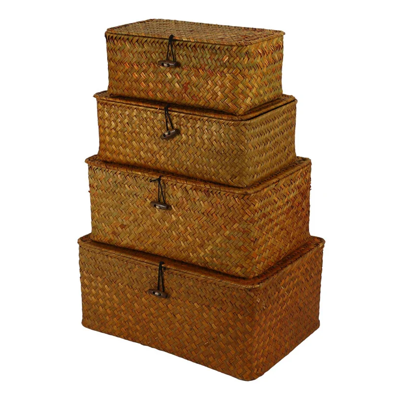 

B23B Seagrass Storage Baskets With Lids, Woven Rectangular Basket Bins, Wicker Storage Organizer For Shelf, Set Of 8