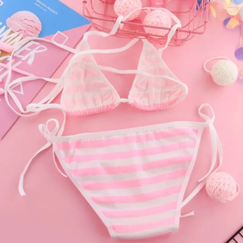 Japanese Lolita Kawaii Striped Mini Bra Set Women Sexy Lingerie Set Adult Cosplay Erotic Costumes Underwear