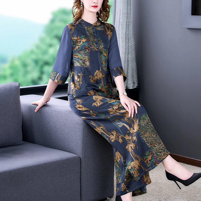 Retro Silk Printing Women Suit Wide Leg Pants  Spring And Summer New Loose Short Sleeve Fashion Two Piece Set