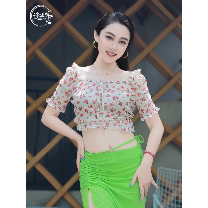 Customized Belly Dance Top Original Dancing Clothing Lotus Leaf Sleeve Practice Clothes Printed Loose Performance Costumes