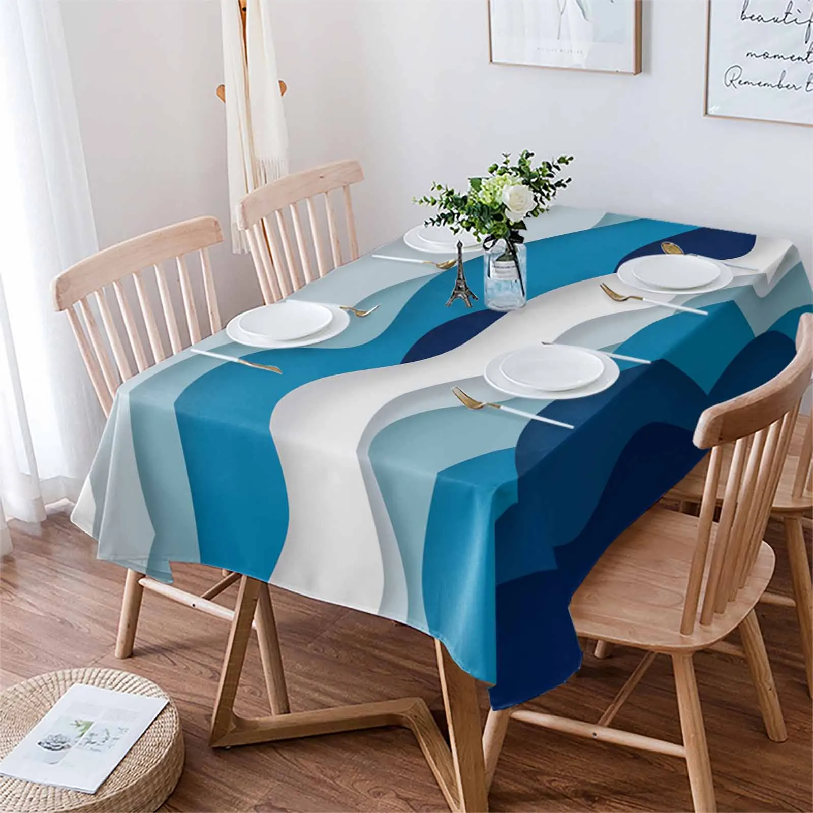 

Gradient Ocean Waves Blue Gradient Waterproof Tablecloth For Table Kitchen Decorative Coffee Cuisine Party Table Cover