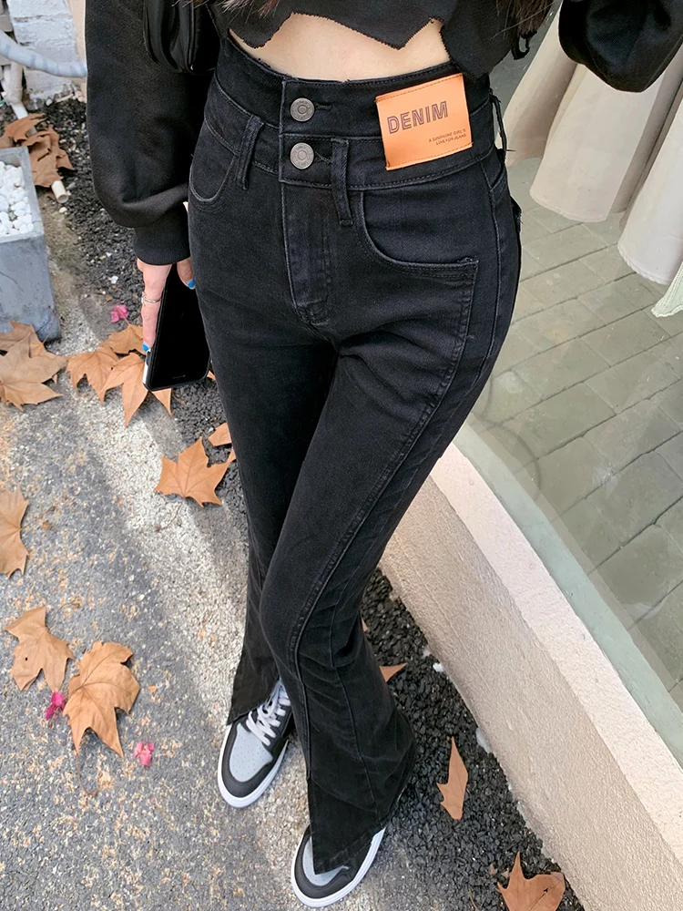 

High Waist Black Micro Flared Jeans Women's Autumn Winter New Style Small Size Pear Shape Floor Length Pants Casual Cotton St...