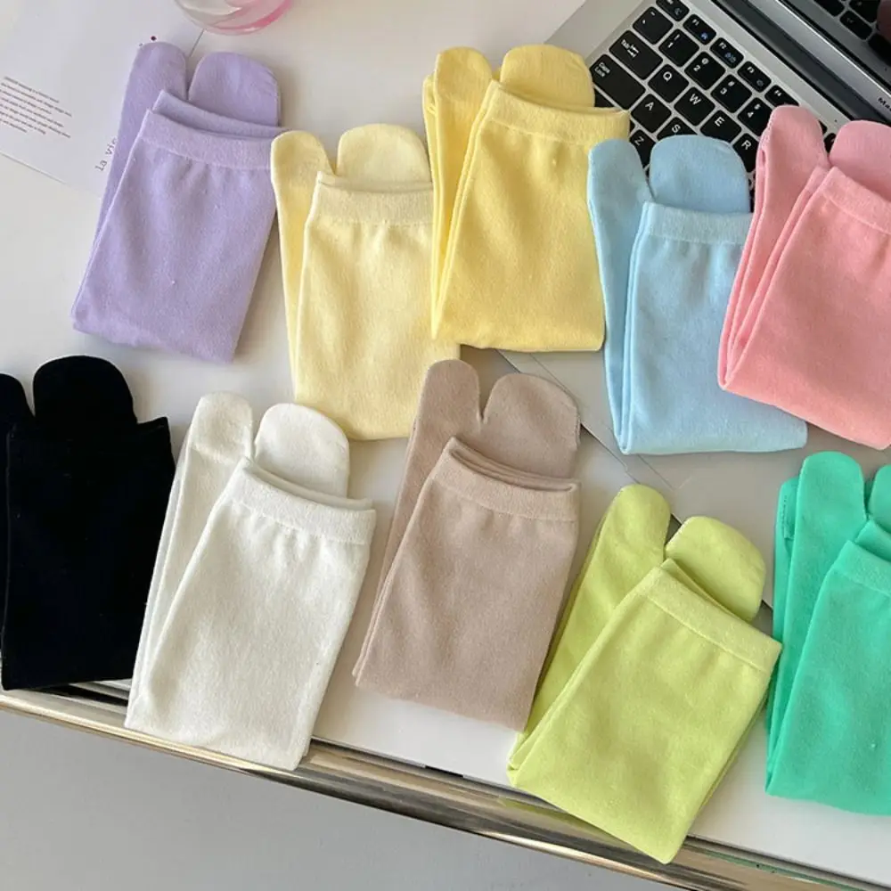 2Pairs Simple Candy Color Two Toed Cotton Socks Mid-calf Women Toe Separator Socks Solid Color Anti Slip Split Toe Sock Summer