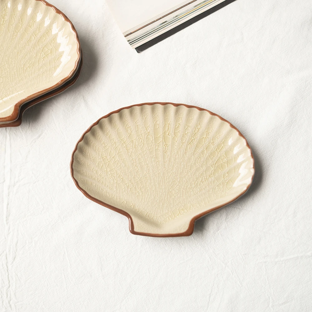 

Creative Ceramic Dish Japanese Vintage Shell Shape Flat Household Dinnerware Vegetables Snacks Dessert Sauce Condiment Dishes