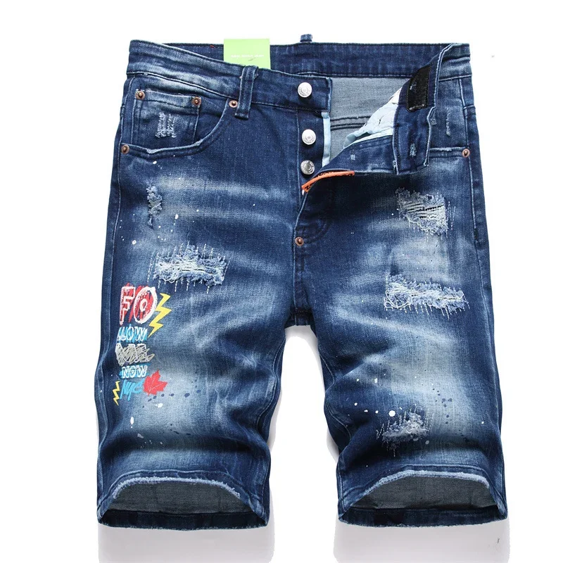 New Summer Men Blue Denim Shorts Italian Style Male Shorts Jeans High Quality Male Stretch Fit Ripped Denim Jeans Shorts Size 38