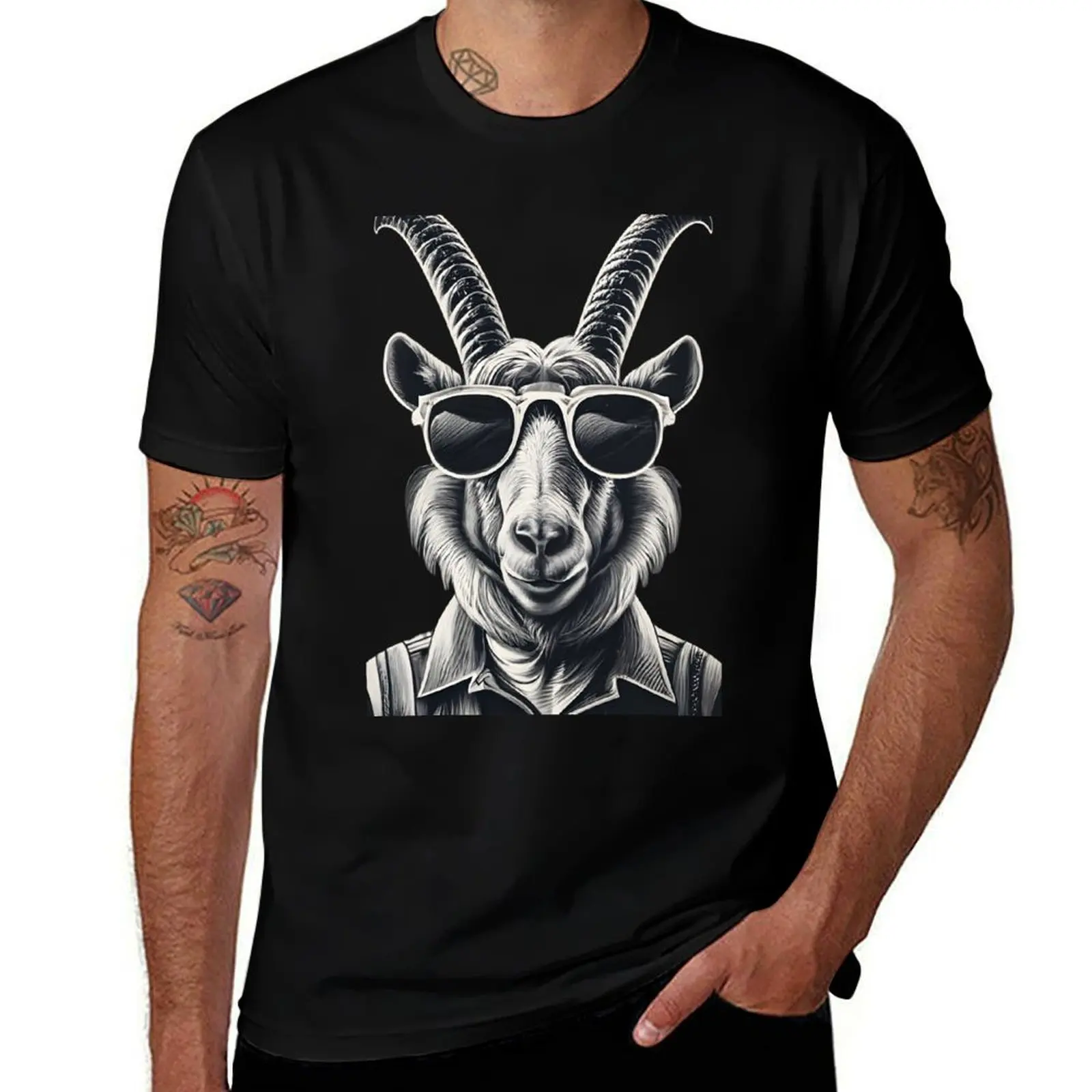 

Goat with sunglasses black and white T-Shirt t shirts for man pack white funny t shirts dark humor T-Shirt