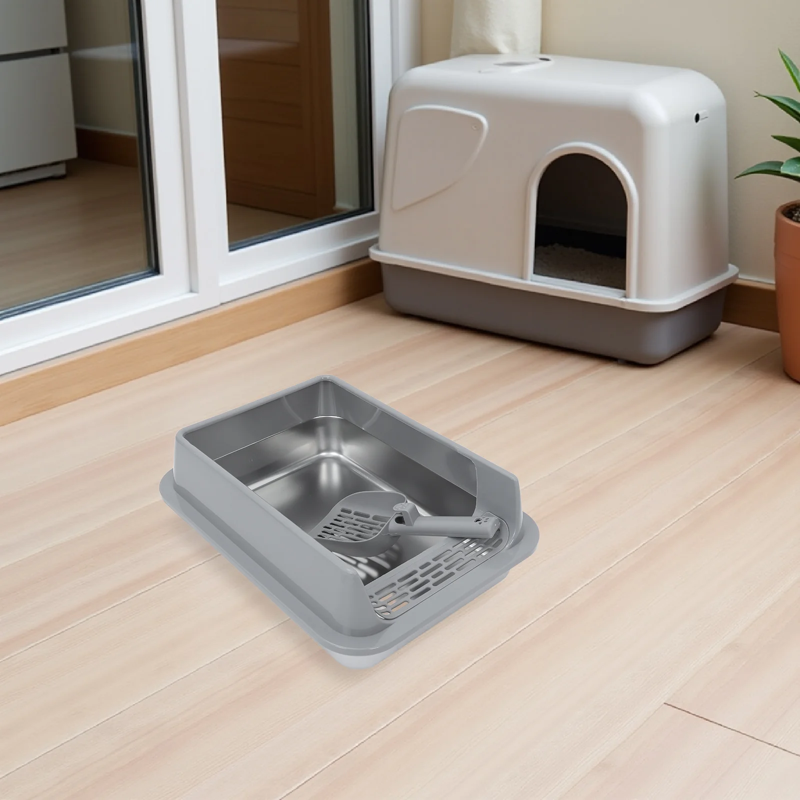 

1 set Stainless Steel Cat Litter Box High Sided Metal Pan Lid Scoop For Kitten Home Travel Outdoor Indoor Grey Enclosed Litter